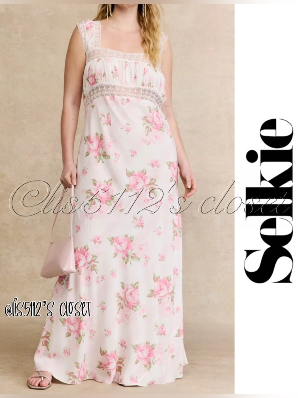 Selkie Veronica Pink Rose Floral Maxi Slip Dress Size Large L